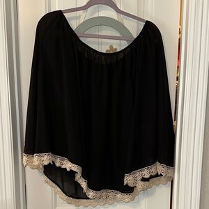 Black Poncho Blouse with Lace Trim